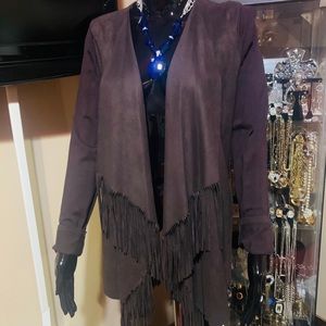 FAUX SUEDE FRONT OPEN FRONT FRINGE CARDIGAN